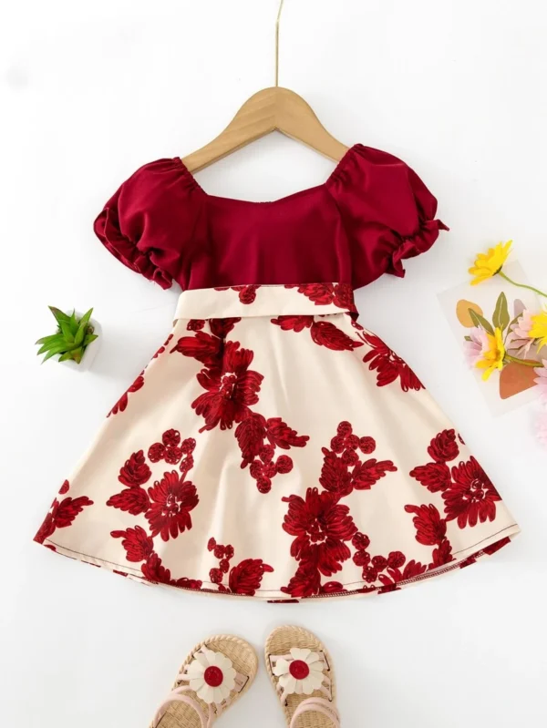 Vestido Con Estampado Floral Y Mangas Abullonadas Para Niña - Imagen 3