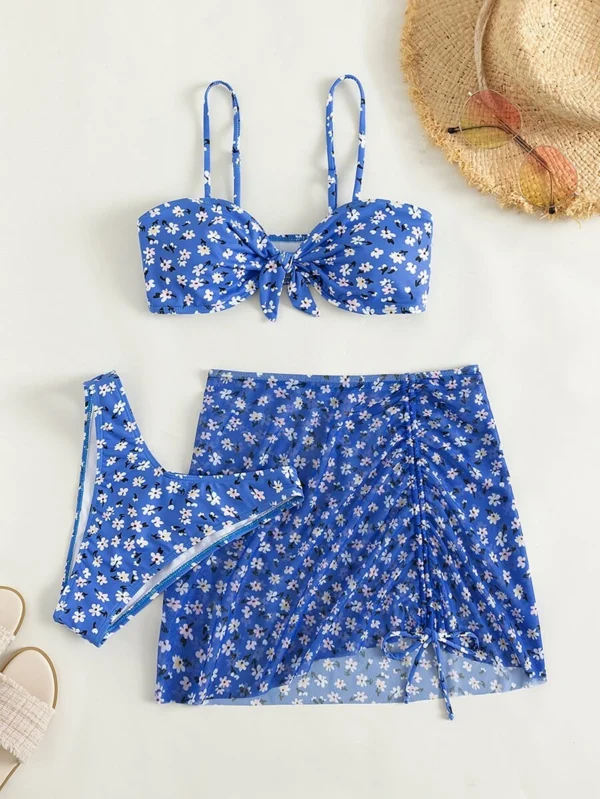 Bikini hipster con estampado floral y nudo frontal y falda