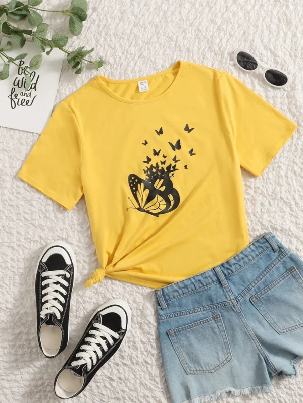 Camiseta con estampado de mariposa cuello redondo para niña preadolescente