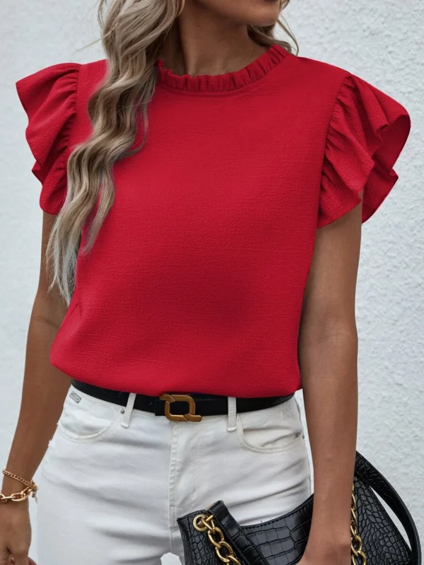 Blusa con cuello simulado, volantes y faralaes para mujer