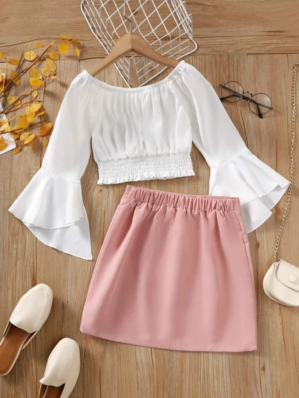 Blusa De Manga Acampanada Y Falda De Botones Para Niñas - Imagen 2