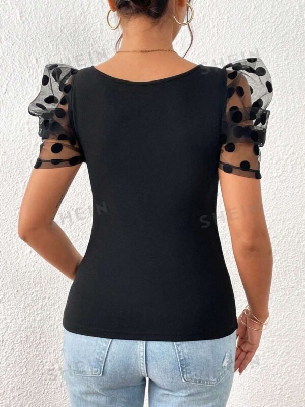 Blusa con malla jacquard en contraste de manga farol - Imagen 3
