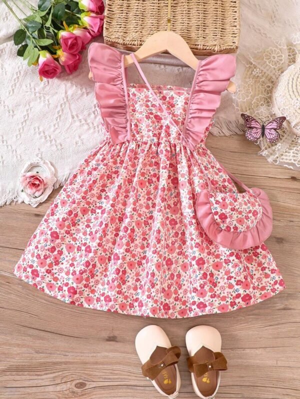 Vestido Estampado De Flores Con Volantes Y Bolso Para Niña