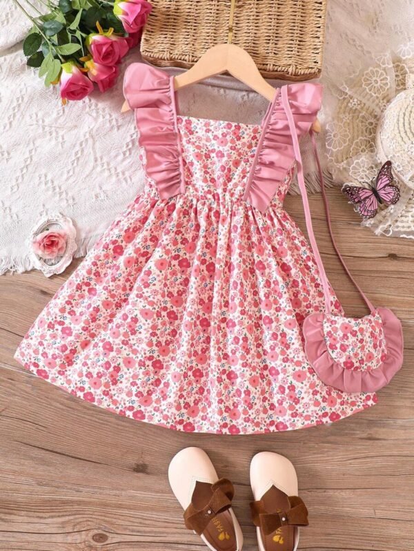 Vestido Estampado De Flores Con Volantes Y Bolso Para Niña - Imagen 4