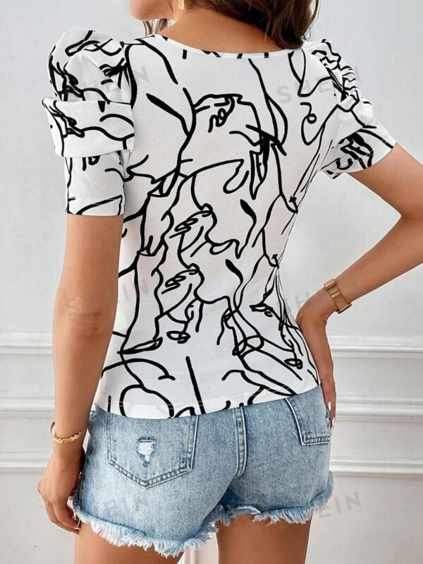 Blusa con estampado de cuello cuadrado de manga farol - Imagen 3