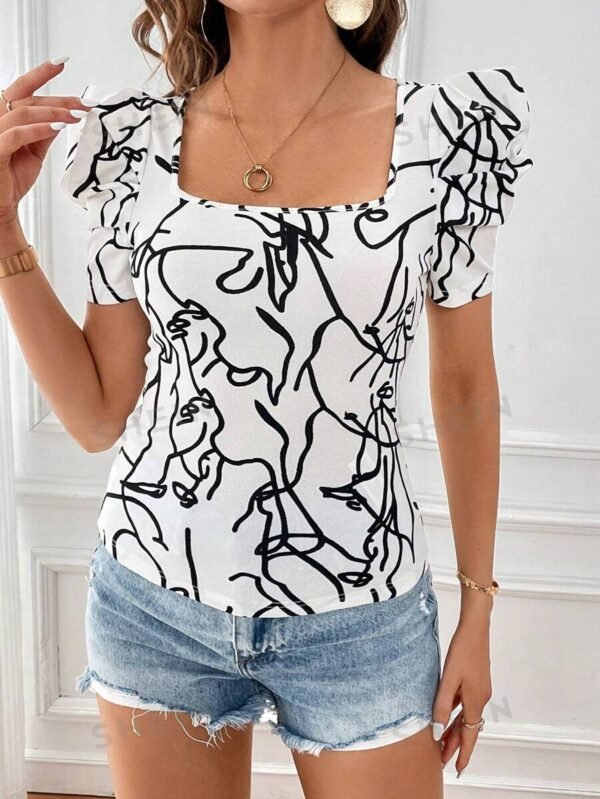 Blusa con estampado de cuello cuadrado de manga farol - Imagen 2