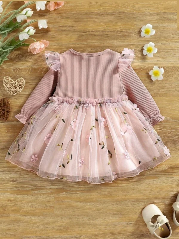 Vestido ribete de volantes con diseño floral de bordado para niña bebé - Imagen 2