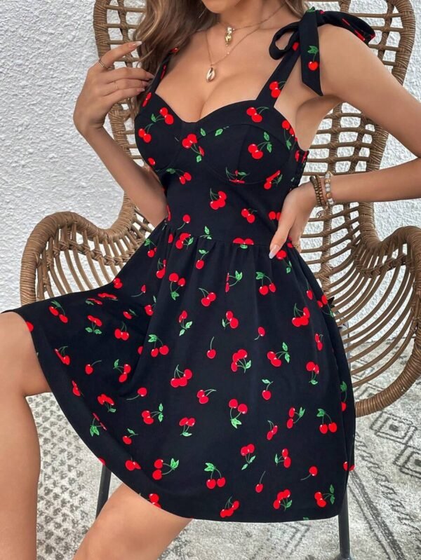 Vestido de tirantes con estampado de cereza de hombros con cordón