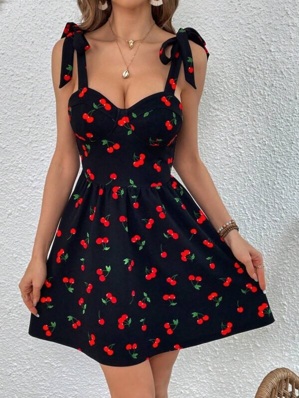 Vestido de tirantes con estampado de cereza de hombros con cordón - Imagen 2