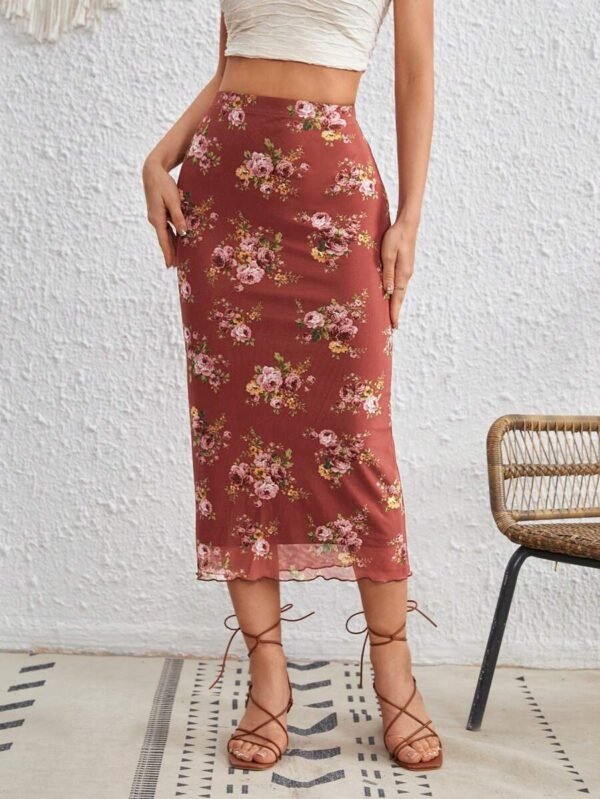 Falda de lápiz con estampado floral ribete en forma de lechuga