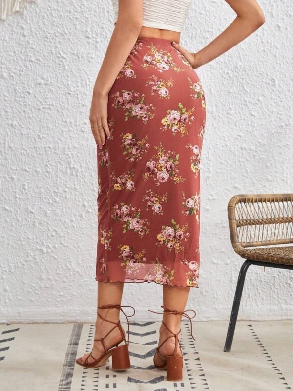 Falda de lápiz con estampado floral ribete en forma de lechuga - Imagen 3