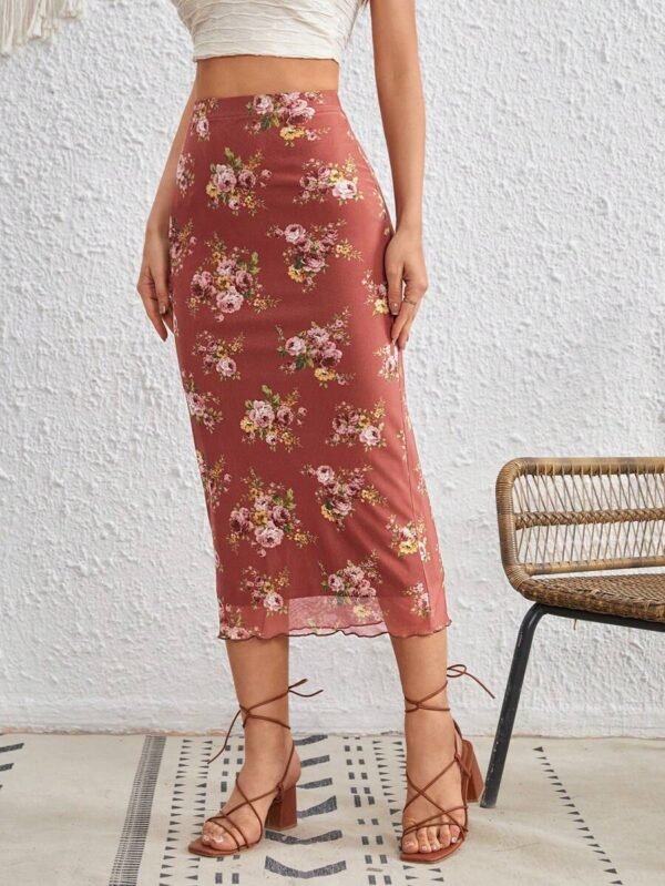 Falda de lápiz con estampado floral ribete en forma de lechuga - Imagen 2