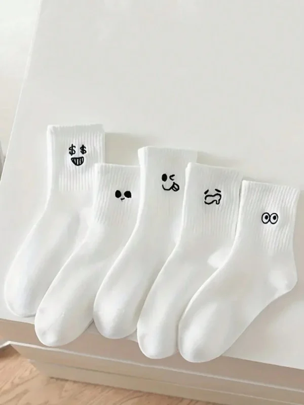 5 Pares De Calcetines Blancos Divertidos Con Cara Graciosa