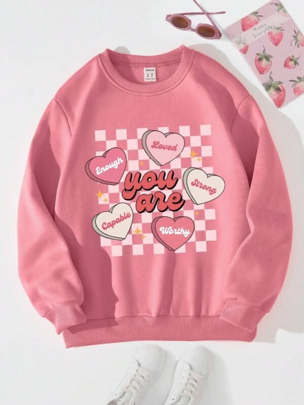 Sudadera Con Cuello Redondo, Estampado De Corazones Y Cuadros Para Niña