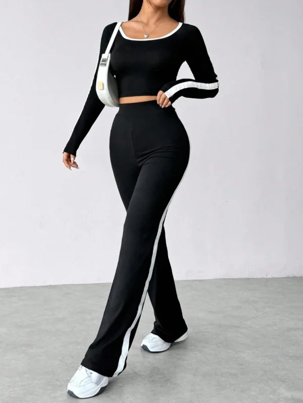 Conjunto De Blusa Corta De Manga Larga Y Pantalón Para Mujer
