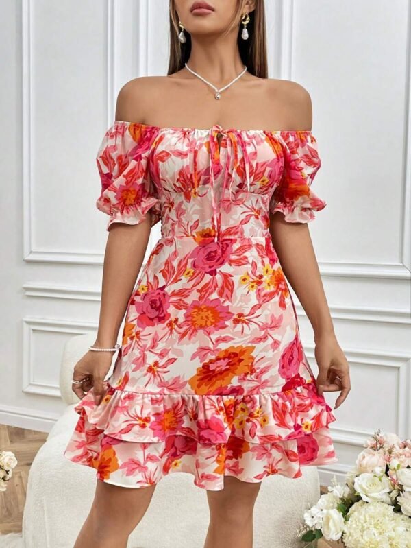 Vestido con estampado floral, hombros descubiertos - Imagen 2