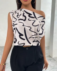 Blusa de mujer con estampado floral, cuello asimétrico y manga corta
