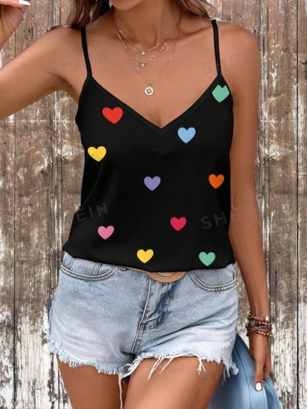 camiseta Tipo Camisola Con Cuello En V Y Estampado De Corazones - Imagen 2