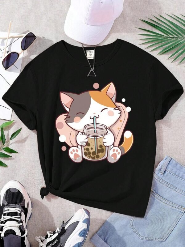 Camiseta casual gráfica de gato para chica adolescente