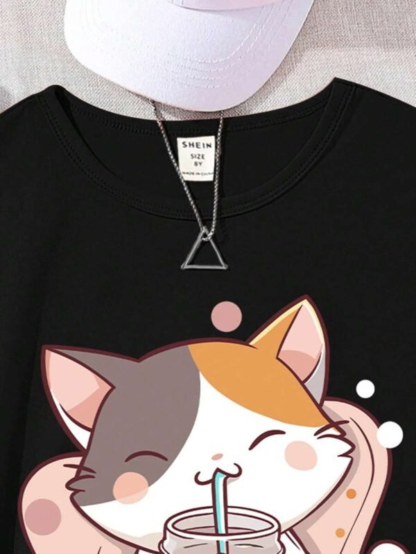 Camiseta casual gráfica de gato para chica adolescente - Imagen 2