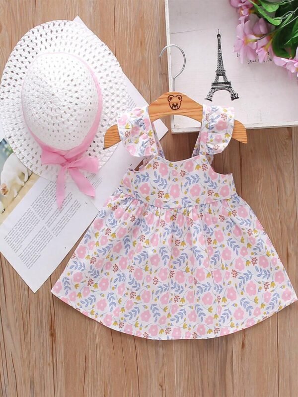 Conjunto de vestido con estampado floral y gorro para niña bebé - Imagen 3