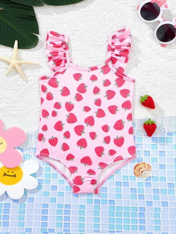 Traje de baño con estampado de fresa y mangas cortas para niña bebé