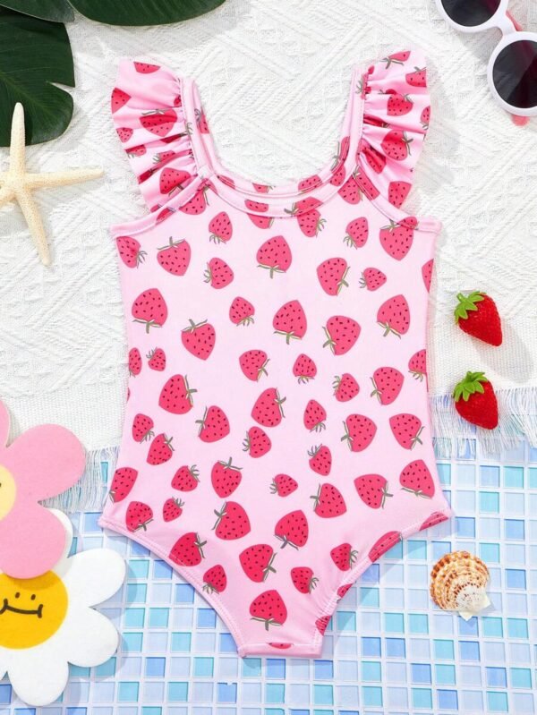 Traje de baño con estampado de fresa y mangas cortas para niña bebé - Imagen 3