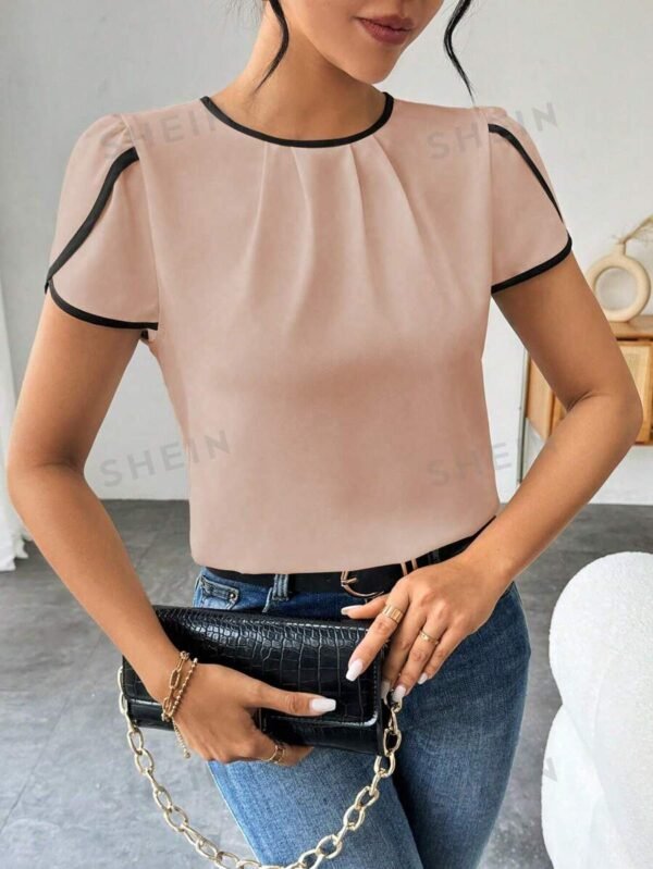 Blusa manga corta con cuello redondo y bloques de color para mujer
