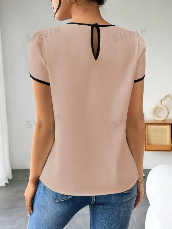 Blusa manga corta con cuello redondo y bloques de color para mujer - Imagen 3