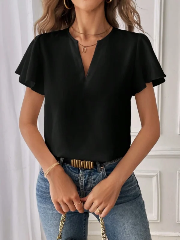 Blusa de manga corta con cuello en V con volantes de unicolor - Imagen 2