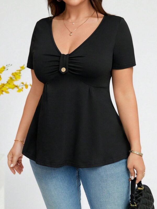 Blusa casual para mujer con cuello en V de unicolor - Imagen 2