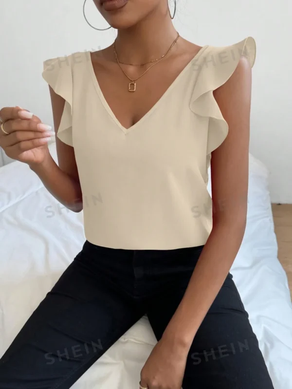 Blusa de manga corta con cuello en V y ribete de encaje