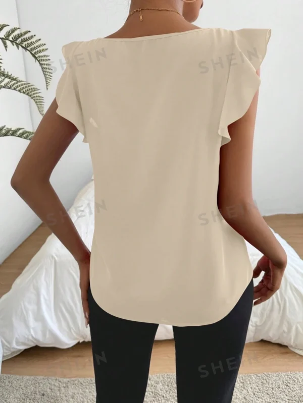 Blusa de manga corta con cuello en V y ribete de encaje - Imagen 3