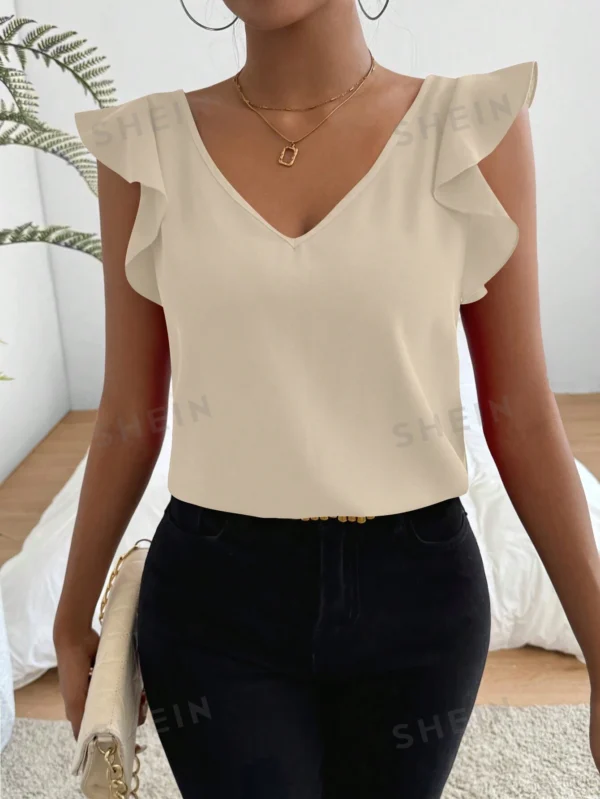 Blusa de manga corta con cuello en V y ribete de encaje - Imagen 2