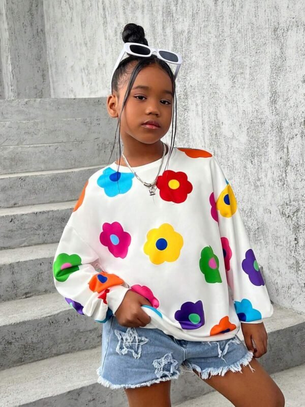 Sudadera holgada de manga larga con cuello redondo para niña - Imagen 3