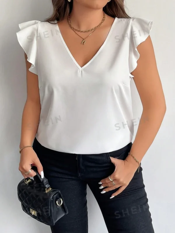 Blusa casual con cuello en V y manga corta de volantes