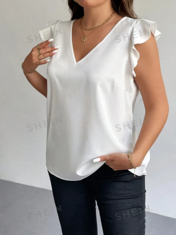 Blusa casual con cuello en V y manga corta de volantes - Imagen 2