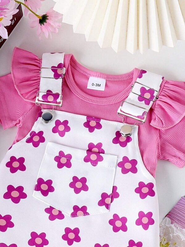 Conjunto de mameluco de manga corta y falda con estampado para niña bebé - Imagen 3