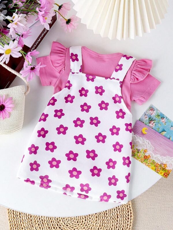 Conjunto de mameluco de manga corta y falda con estampado para niña bebé - Imagen 2