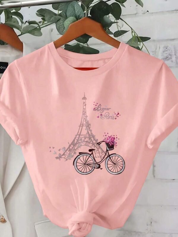 Camiseta casual de manga corta y cuello redondo con estampado de flor