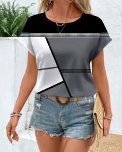 Blusa holgada de cuello redondo de manga corta para mujer