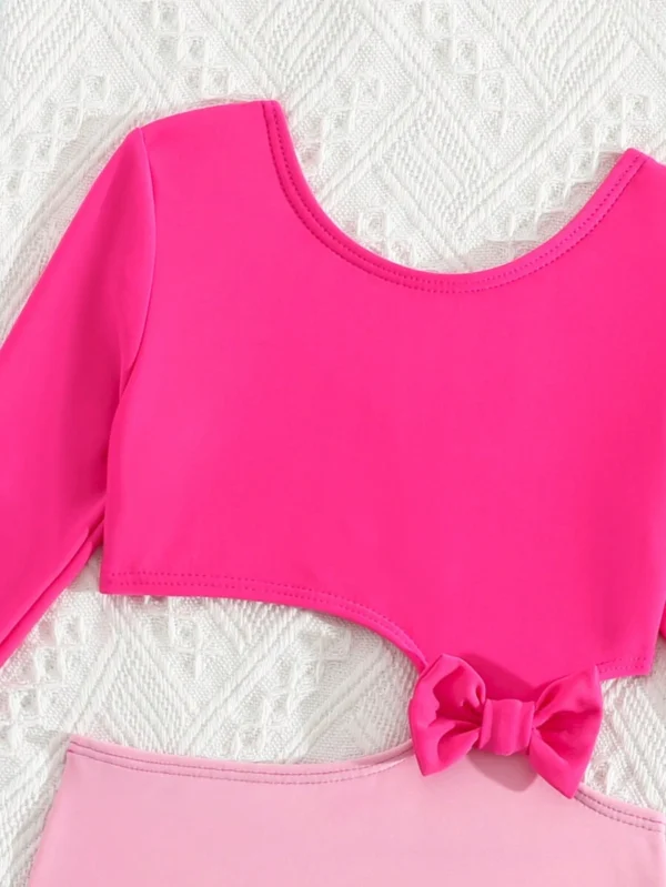 Traje de baño de manga larga con unicolor y estampado para niña bebé - Imagen 2