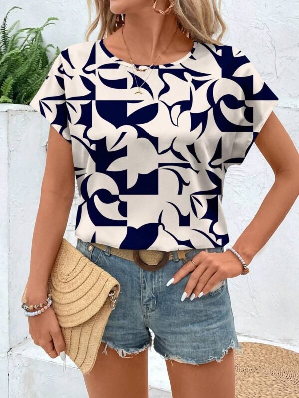 Blusa de mujer de cuello redondo de diseño suelto y de hojas - Imagen 2