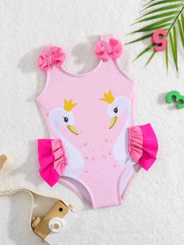 Traje de baño con volantes y estampado de cisne para bebé niña
