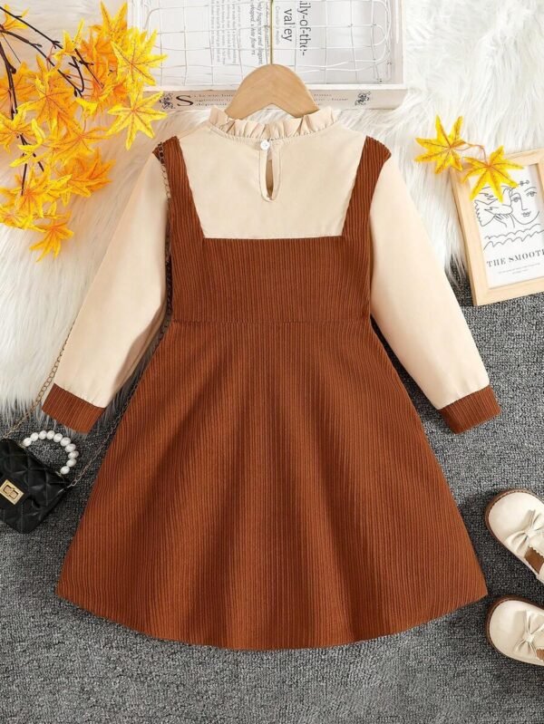 Vestido de manga larga 2 en 1 con cuello de volantes y lazo para niña - Imagen 3