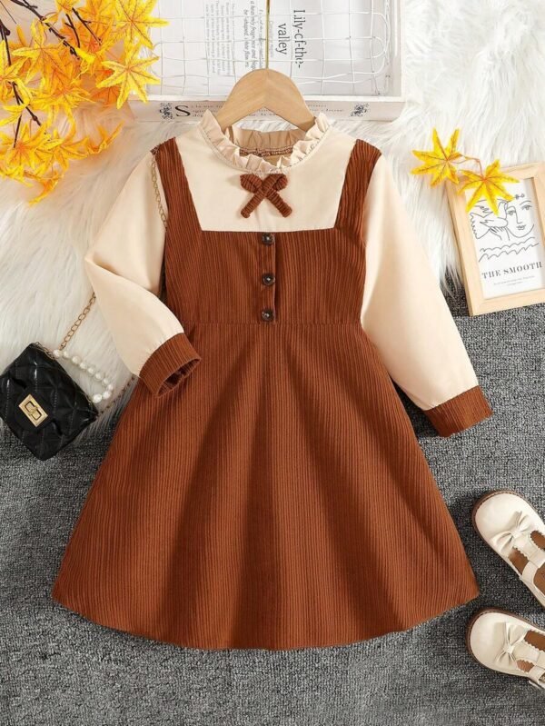 Vestido de manga larga 2 en 1 con cuello de volantes y lazo para niña