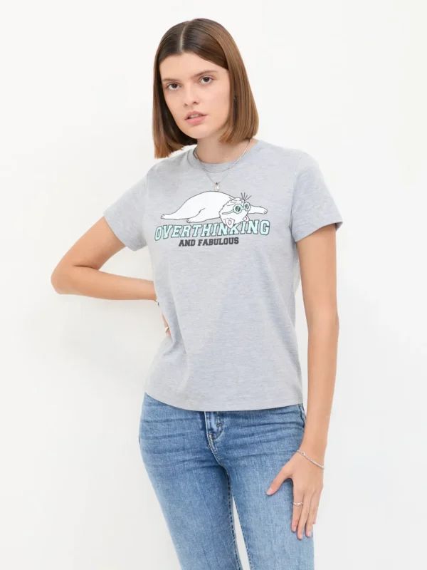 Playera Manga Corta con Estampado Gato Blanco