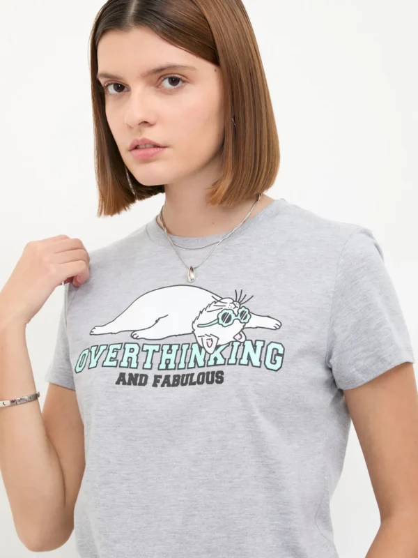 Playera Manga Corta con Estampado Gato Blanco - Imagen 3