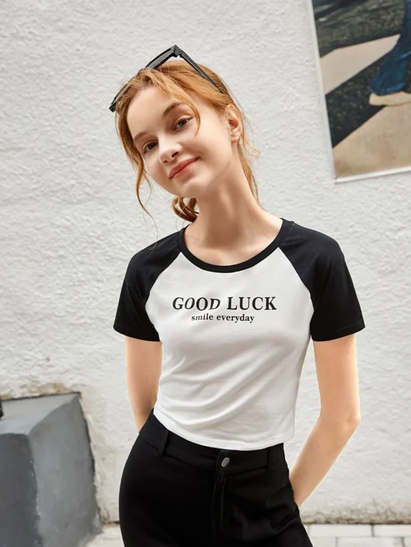 Camiseta manga raglán con estampado de slogan para chica adolescente