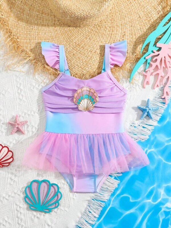 Traje de baño de niña con contraste de malla y volantes